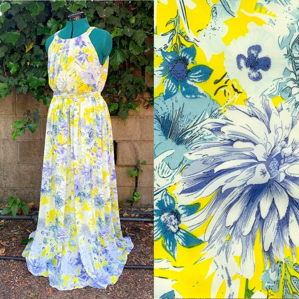 Miss Avenue Yellow and Blue Floral Maxi Dress